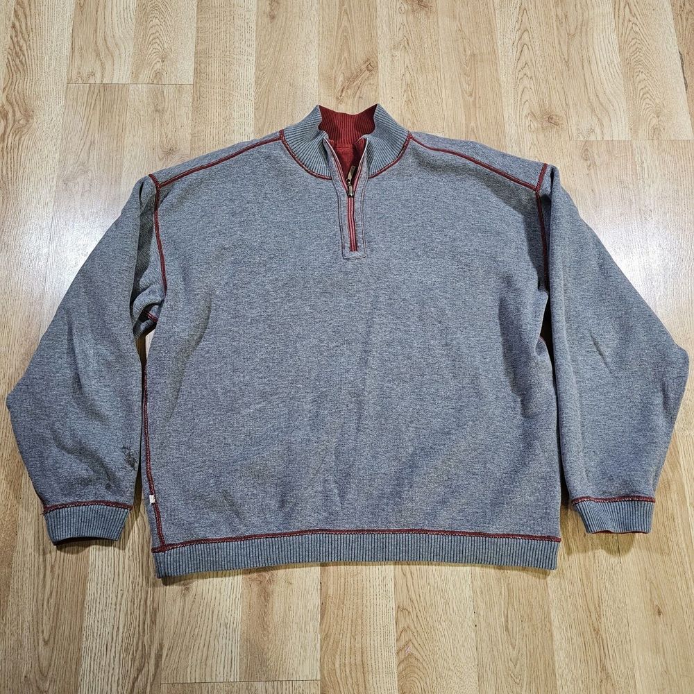 Tommy Bahama Reversible Quarter Zip Mens XL Grey Red Sweatshirt‎ Mock Neck